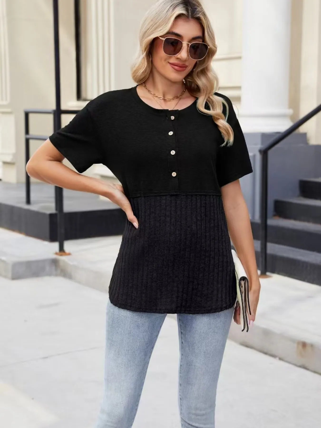 Two-Tone Short Sleeve Top - Velora Luxury Fashion