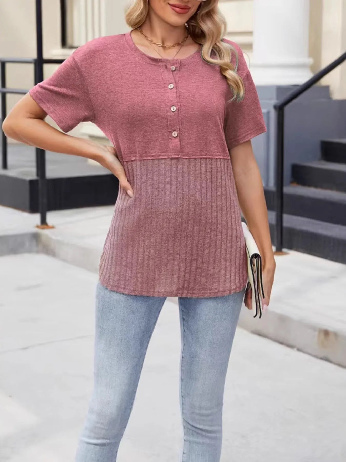 Two-Tone Short Sleeve Top - Velora Luxury Fashion