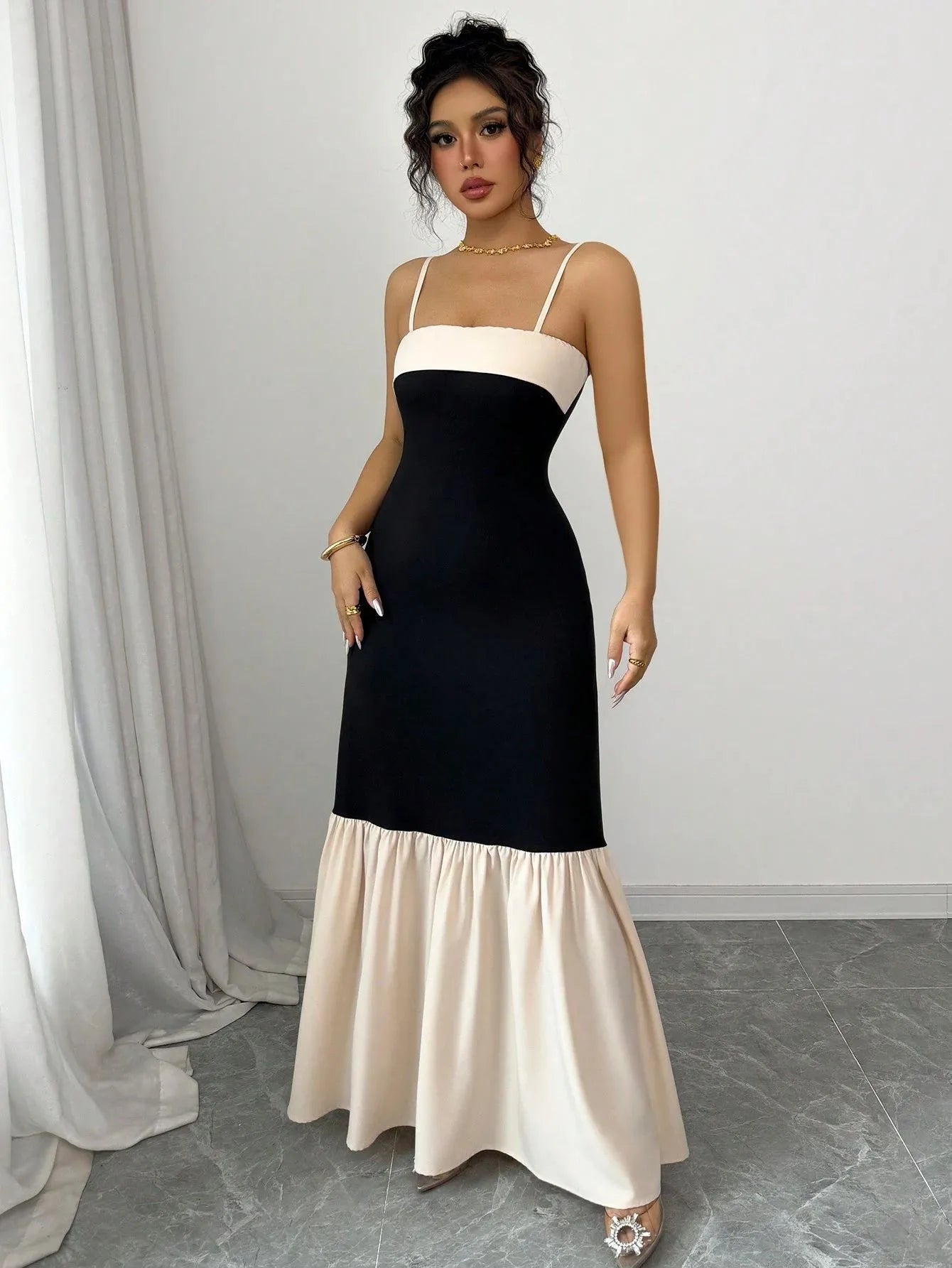 Two-Tone Spaghetti Strap Maxi Dress - Velora Luxury Fashion