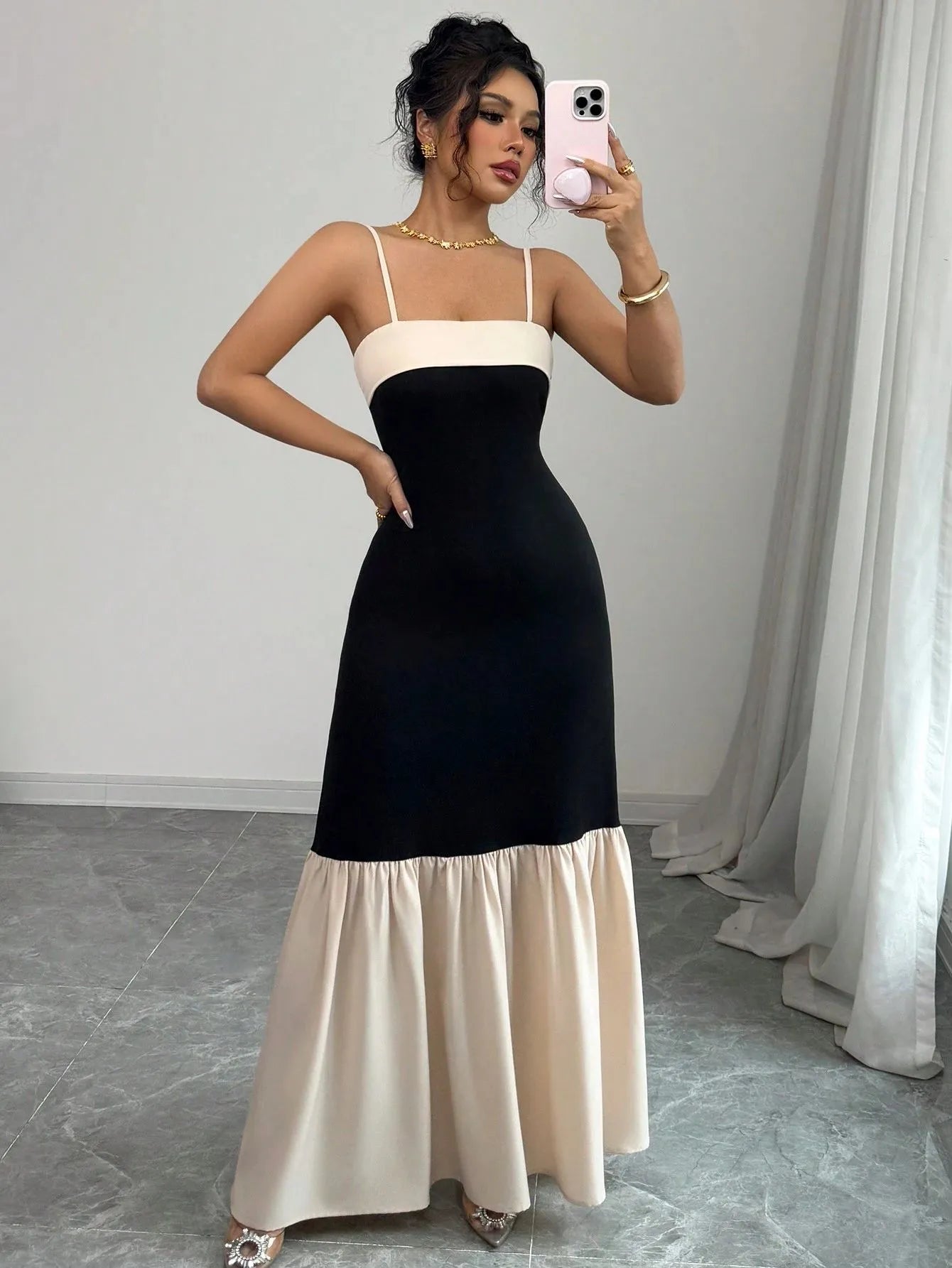 Two-Tone Spaghetti Strap Maxi Dress - Velora Luxury Fashion