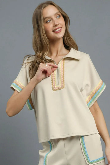 Umgee Contrast Trim Half Zip Collared Blouse - Velora Luxury Fashion