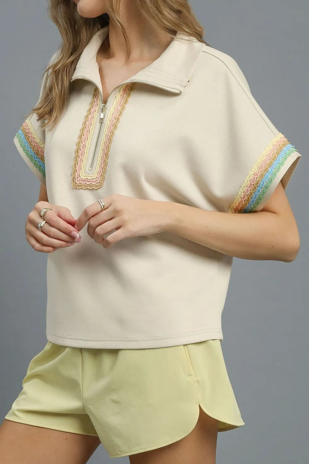 Umgee Contrast Trim Half Zip Collared Blouse - Velora Luxury Fashion