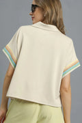 Umgee Contrast Trim Half Zip Collared Blouse - Velora Luxury Fashion