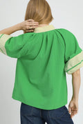Umgee Contrast Trim Notched Puff Sleeve Blouse - Velora Luxury Fashion