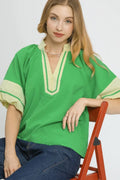 Umgee Contrast Trim Notched Puff Sleeve Blouse - Velora Luxury Fashion