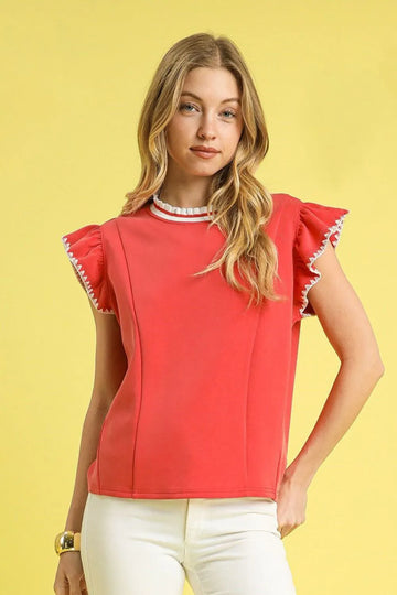 Umgee Contrast Trim Ruffle Cap Sleeve Blouse - Velora Luxury Fashion