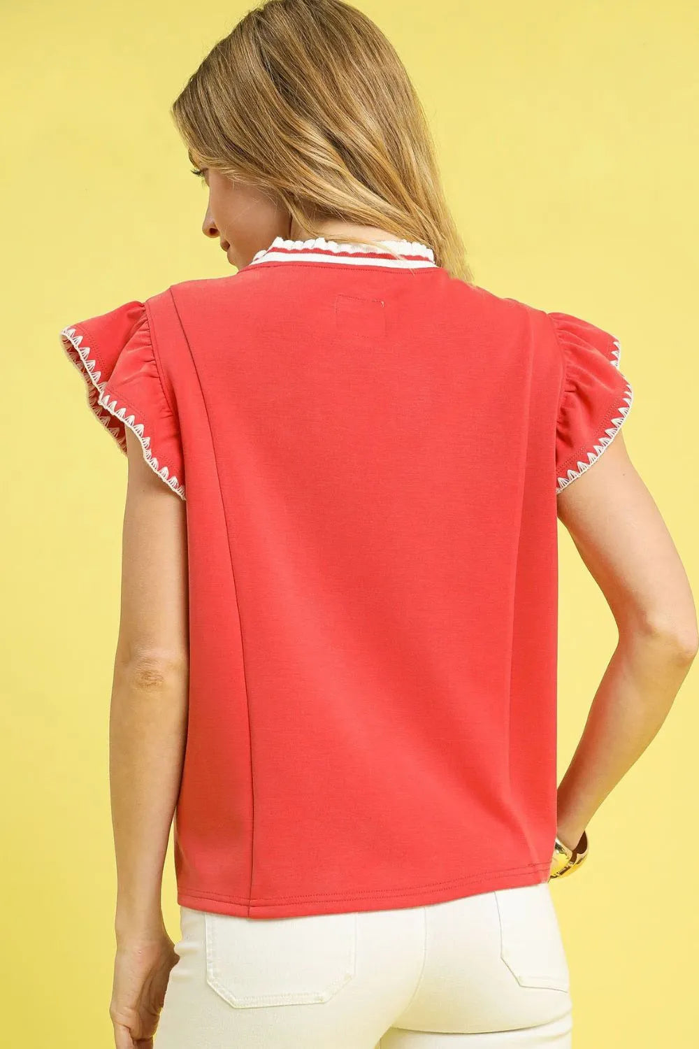 Umgee Contrast Trim Ruffle Cap Sleeve Blouse - Velora Luxury Fashion