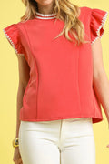 Umgee Contrast Trim Ruffle Cap Sleeve Blouse - Velora Luxury Fashion