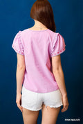 Umgee Floral Embroidered Tie Neck Short Sleeve Blouse - Velora Luxury Fashion