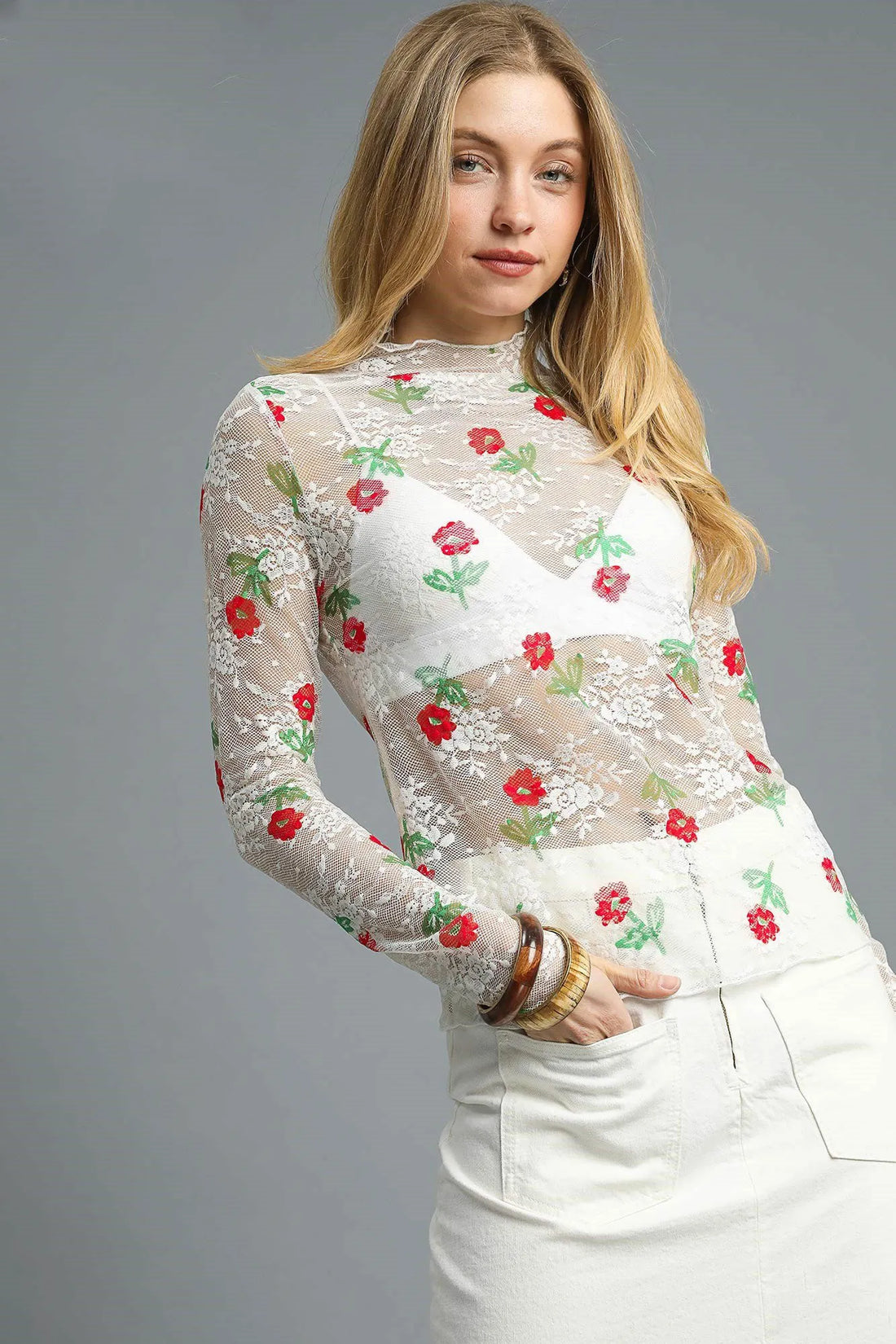 Umgee Floral Mock Neck Long Sleeve Sheer Top - Velora Luxury Fashion