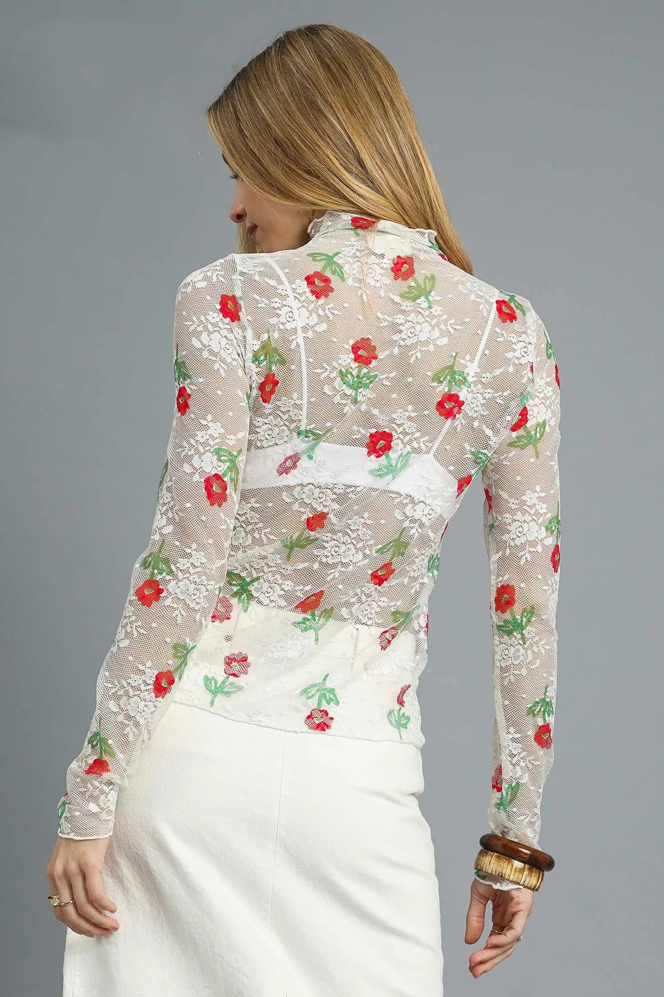 Umgee Floral Mock Neck Long Sleeve Sheer Top - Velora Luxury Fashion