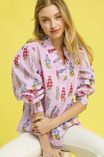 Umgee Floral Print Lantern Sleeve Button Down Shirt - Velora Luxury Fashion