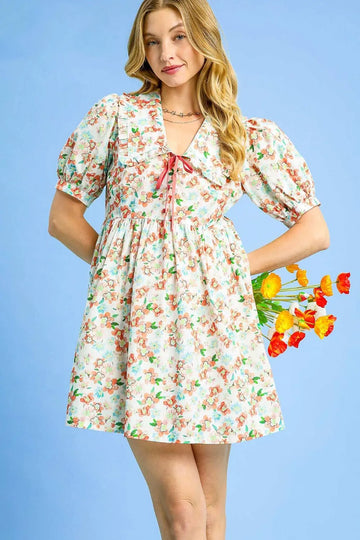 Umgee Floral Print Puff Sleeve Tie Front Mini Dress - Velora Luxury Fashion