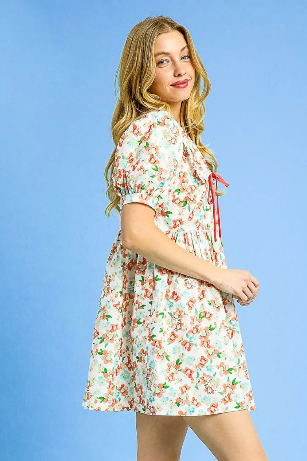 Umgee Floral Print Puff Sleeve Tie Front Mini Dress - Velora Luxury Fashion