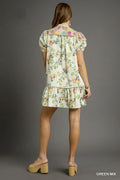 Umgee Floral Print Tie Neck Puff Sleeve Dress - Velora Luxury Fashion
