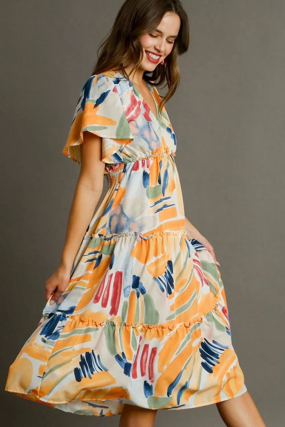 Umgee Full Size Abstract Print Flutter Sleeve Frill Tiered Midi Dress Plus Size - Velora Luxury Fashion