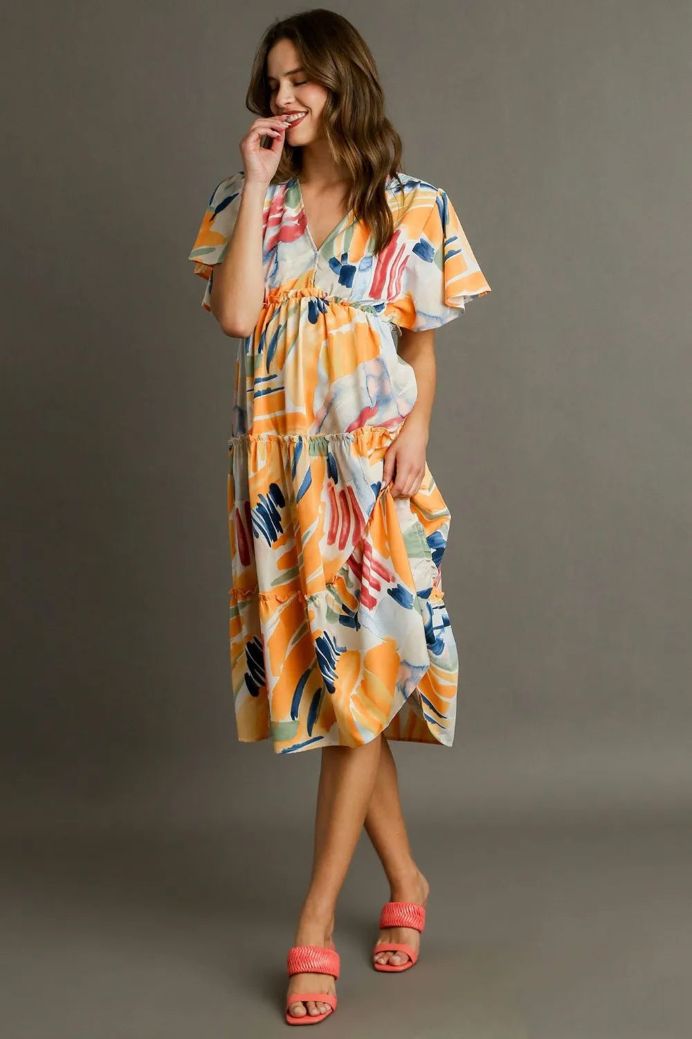 Umgee Full Size Abstract Print Flutter Sleeve Frill Tiered Midi Dress Plus Size - Velora Luxury Fashion