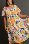Umgee Full Size Abstract Print Flutter Sleeve Frill Tiered Midi Dress Plus Size - Velora Luxury Fashion