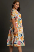 Umgee Full Size Abstract Print Flutter Sleeve Frill Tiered Midi Dress Plus Size - Velora Luxury Fashion