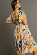 Umgee Full Size Abstract Print Flutter Sleeve Frill Tiered Midi Dress Plus Size - Velora Luxury Fashion