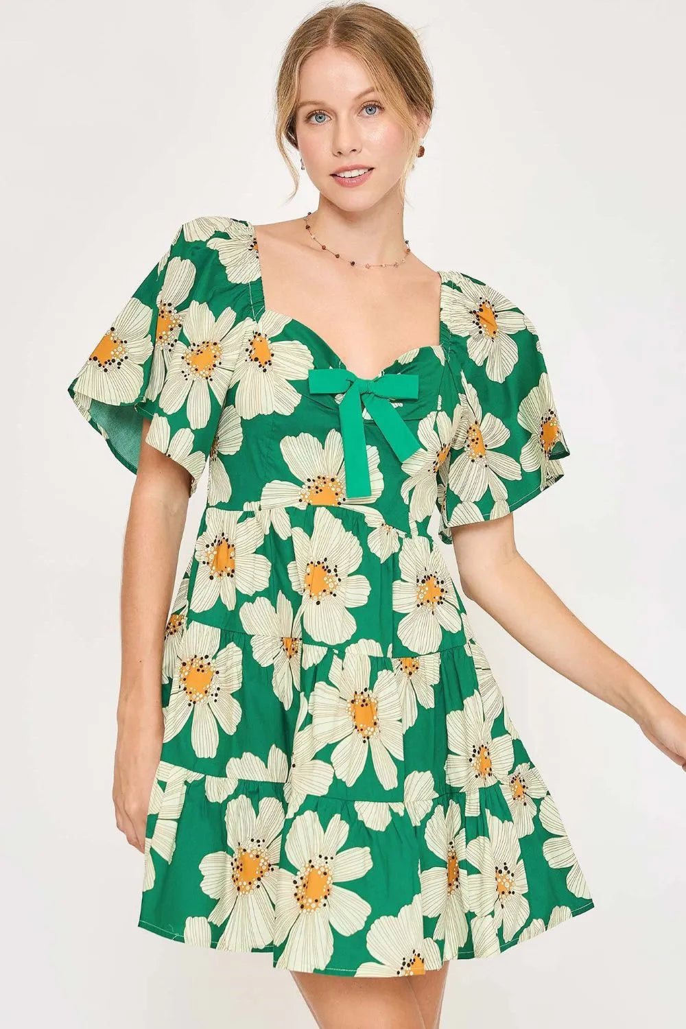 Umgee Full Size Daisy Print Mini Dress with Ribbon Details Plus Size - Velora Luxury Fashion