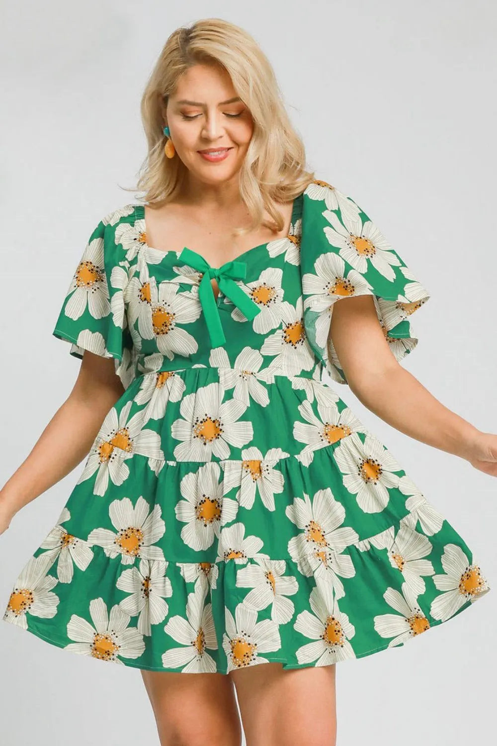 Umgee Full Size Daisy Print Mini Dress with Ribbon Details Plus Size - Velora Luxury Fashion