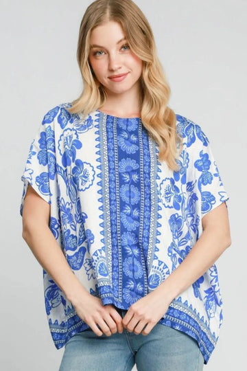 Umgee Full Size Floral Border Print Oversized Top Plus Size - Velora Luxury Fashion