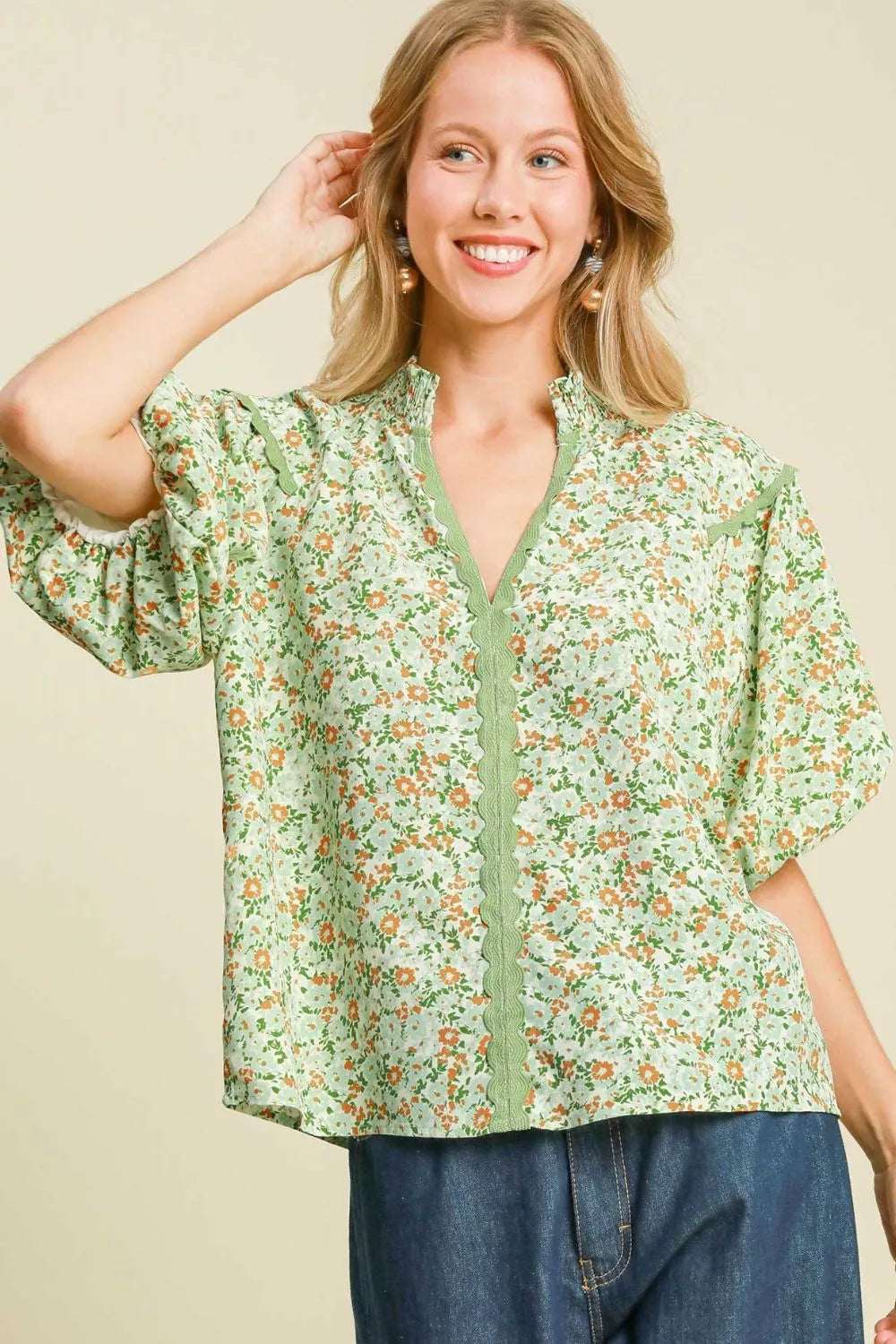 Umgee Full Size Floral Print Puff Sleeve Top Plus Size - Velora Luxury Fashion