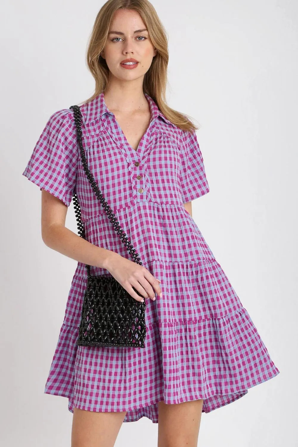 Umgee Full Size Gingham Tiered Button Detail Short Sleeve Dress Plus Size - Velora Luxury Fashion