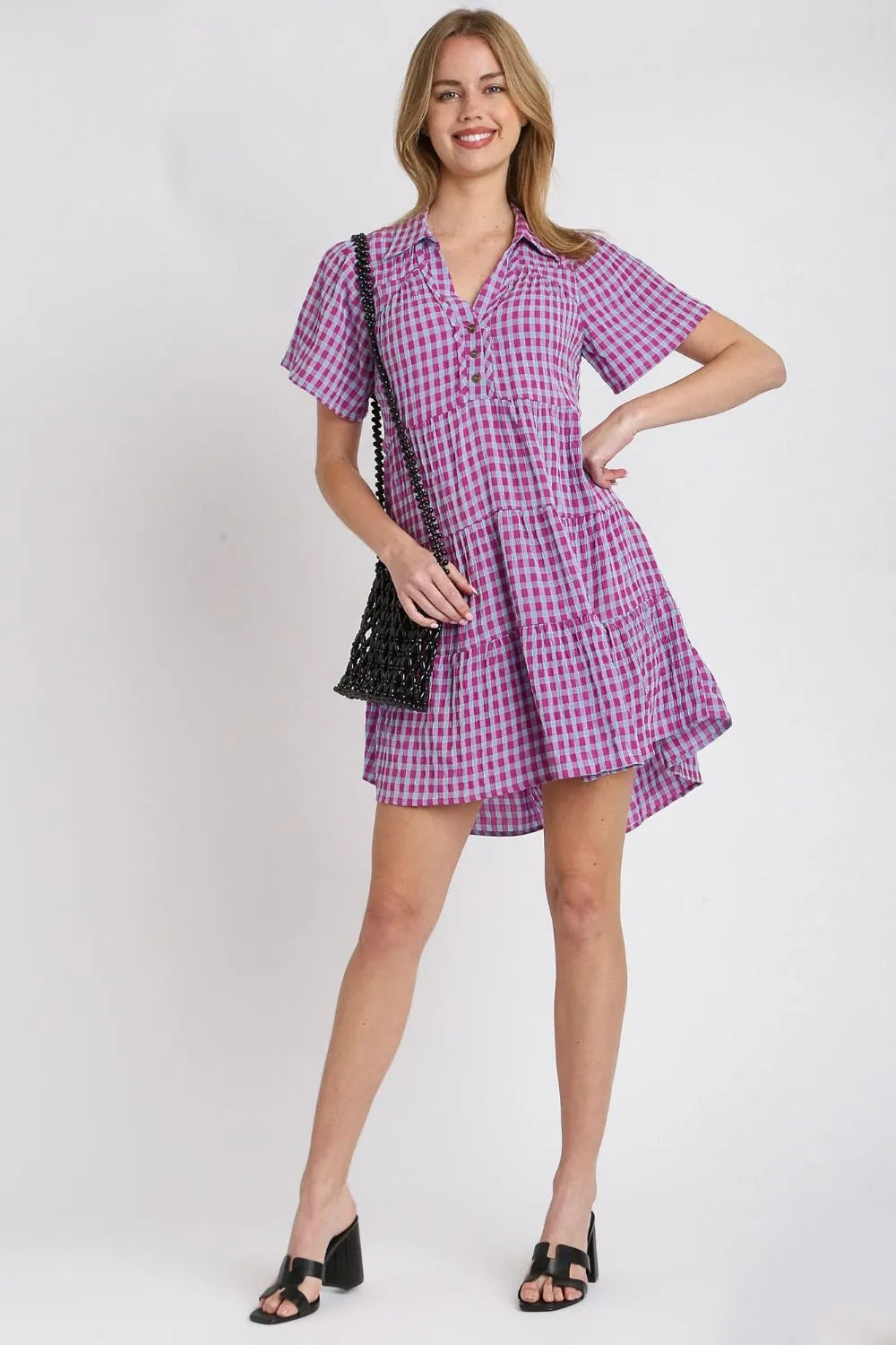 Umgee Full Size Gingham Tiered Button Detail Short Sleeve Dress Plus Size - Velora Luxury Fashion