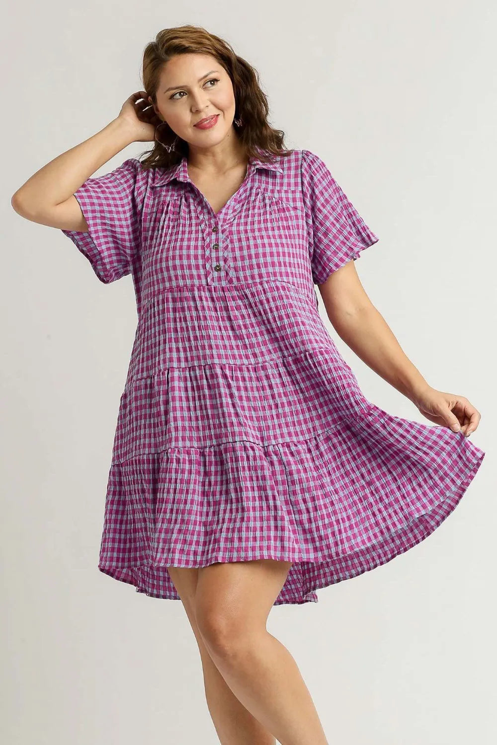 Umgee Full Size Gingham Tiered Button Detail Short Sleeve Dress Plus Size - Velora Luxury Fashion