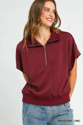 Umgee Full Size Half-Zip Short Sleeve Top Plus Size - Velora Luxury Fashion