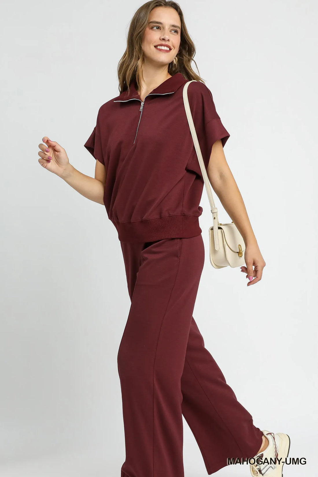Umgee Full Size Half-Zip Short Sleeve Top Plus Size - Velora Luxury Fashion