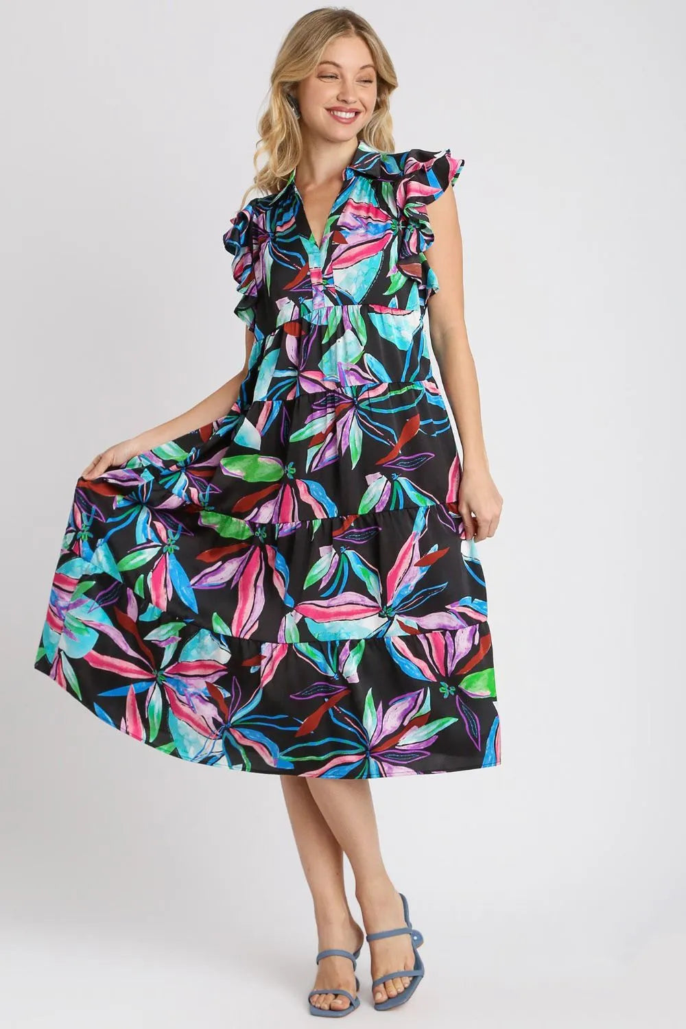 Umgee Full Size Leaf Print Double Layered Ruffle Sleeve Tiered Midi Dress Plus Size - Velora Luxury Fashion