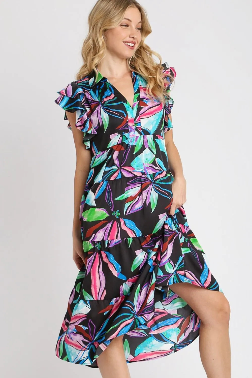 Umgee Full Size Leaf Print Double Layered Ruffle Sleeve Tiered Midi Dress Plus Size - Velora Luxury Fashion
