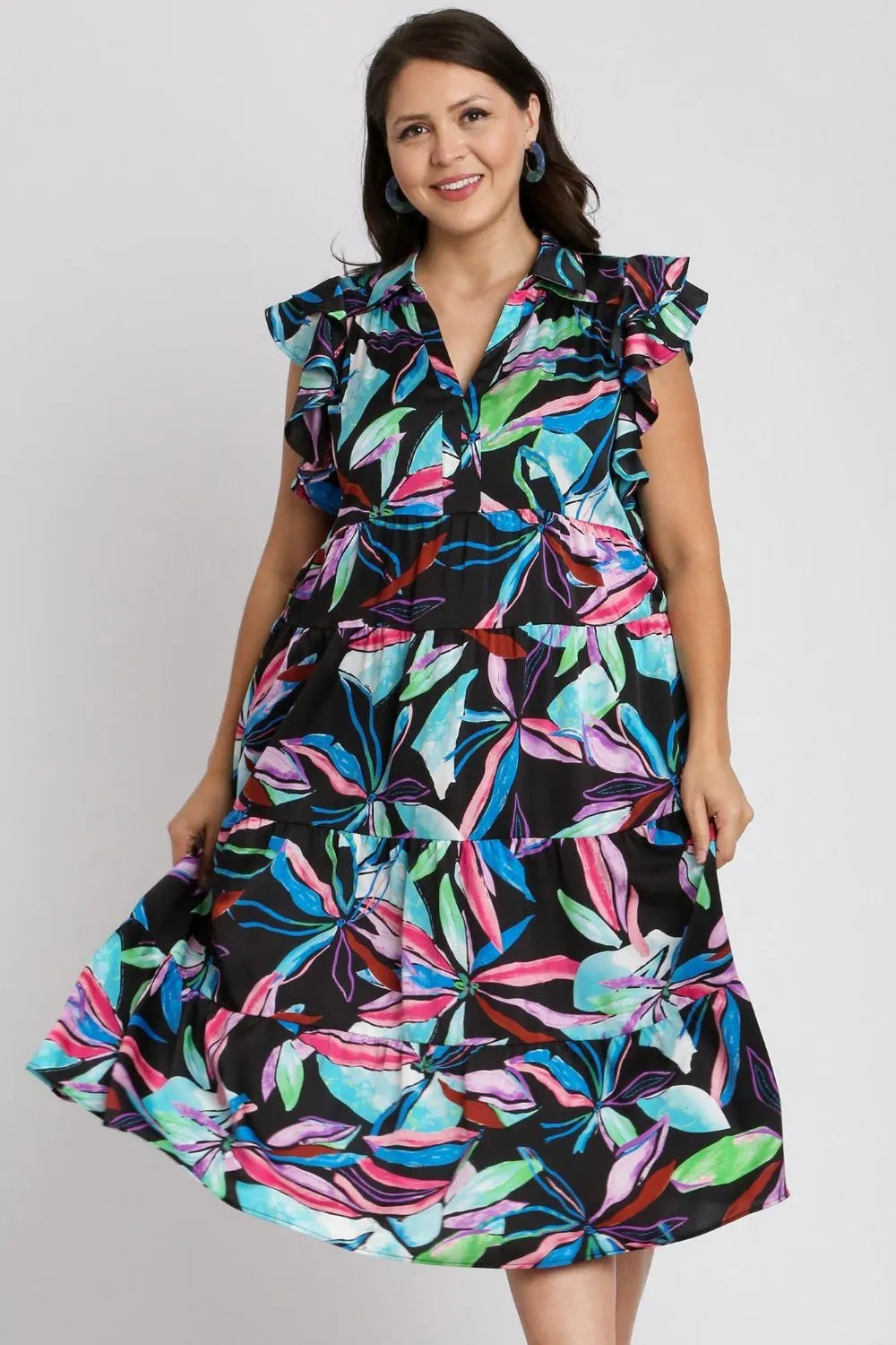 Umgee Full Size Leaf Print Double Layered Ruffle Sleeve Tiered Midi Dress Plus Size - Velora Luxury Fashion