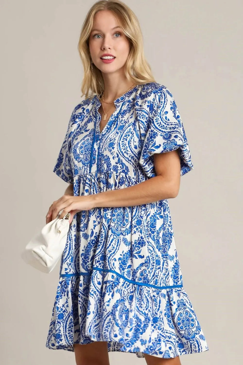 Umgee Full Size Printed Notched Puff Sleeve Mini Dress Plus Size - Velora Luxury Fashion