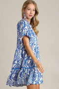 Umgee Full Size Printed Notched Puff Sleeve Mini Dress Plus Size - Velora Luxury Fashion