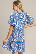 Umgee Full Size Printed Notched Puff Sleeve Mini Dress Plus Size - Velora Luxury Fashion