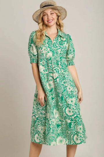 Umgee Full Size Printed Smocked Cuff Puff Sleeve Midi Dress Plus Size - Velora Luxury Fashion