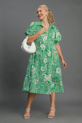 Umgee Full Size Printed Smocked Cuff Puff Sleeve Midi Dress Plus Size - Velora Luxury Fashion