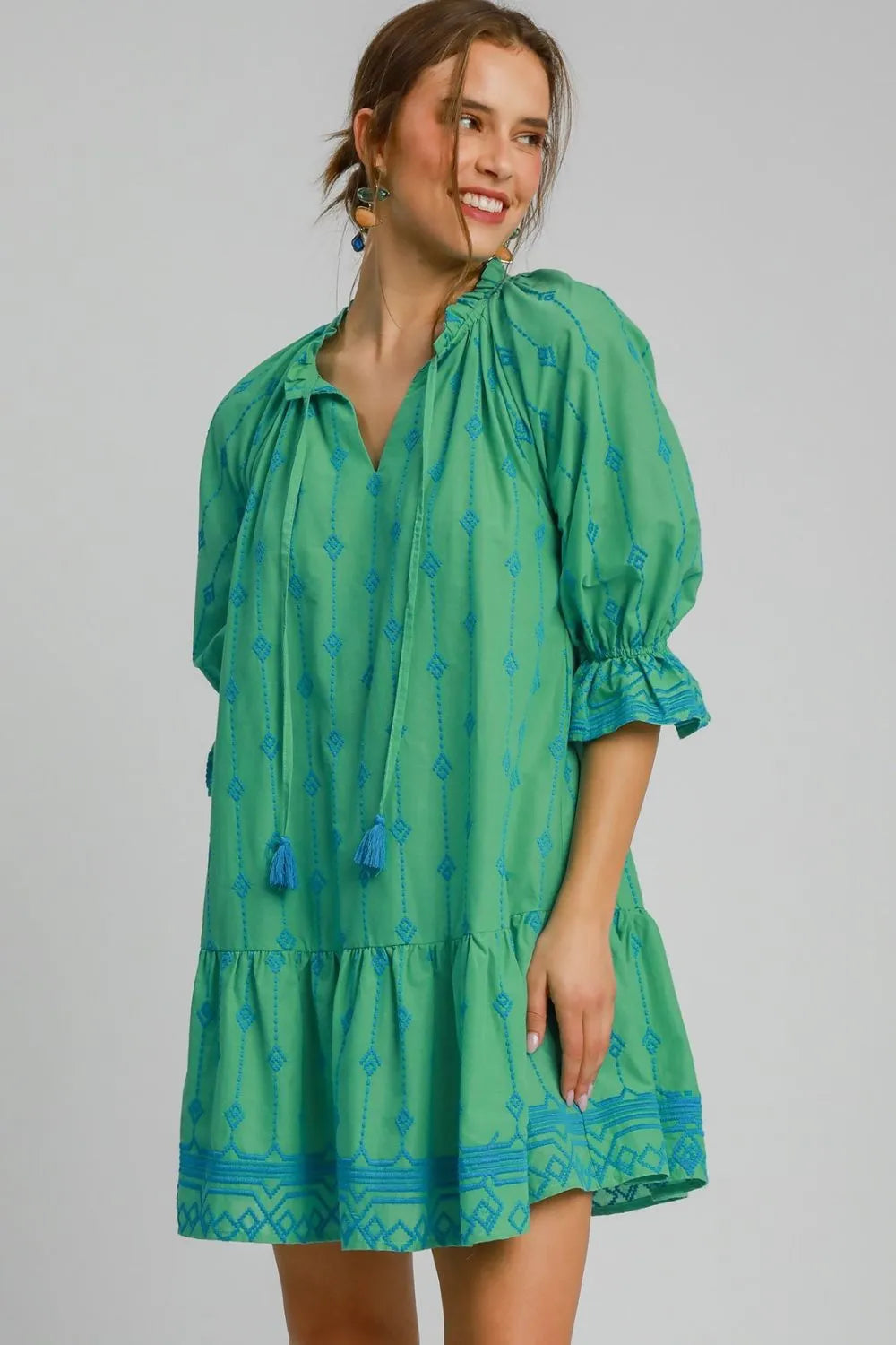 Umgee Full Size Tassel Embroidered Flounce Sleeve Mini Dress Plus Size - Velora Luxury Fashion