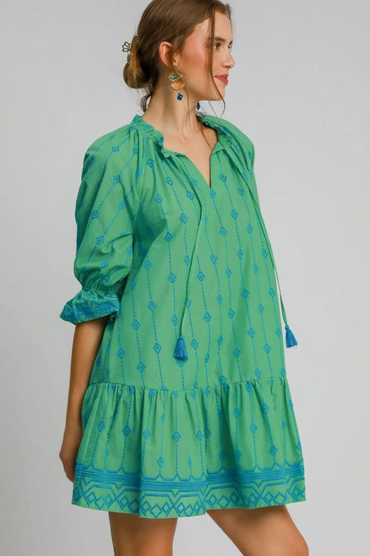 Umgee Full Size Tassel Embroidered Flounce Sleeve Mini Dress Plus Size - Velora Luxury Fashion