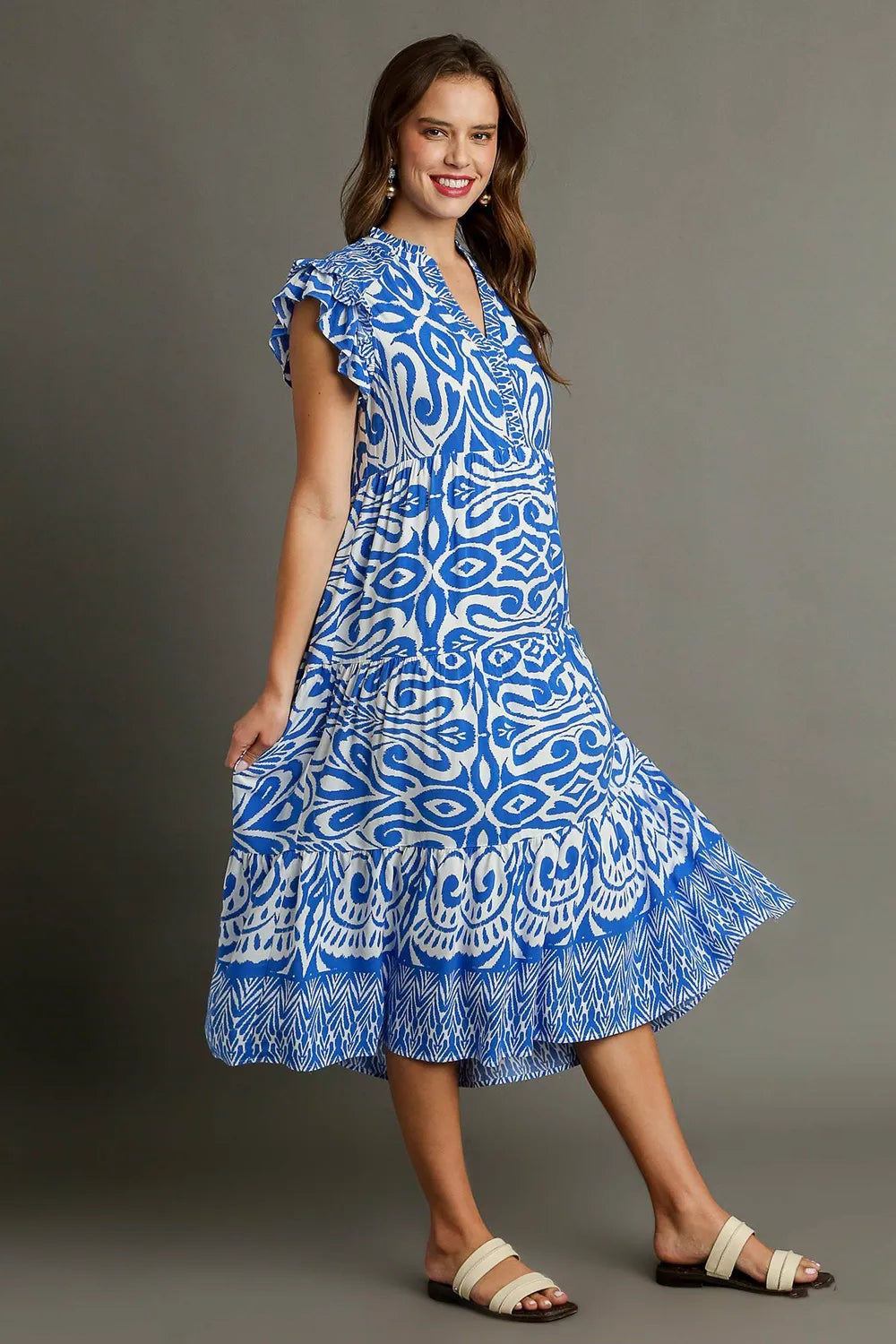 Umgee Full Size Two Tone Border Print Ruffle Cap Sleeve Midi Dress Plus Size - Velora Luxury Fashion