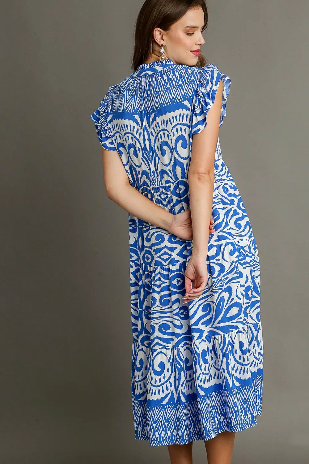 Umgee Full Size Two Tone Border Print Ruffle Cap Sleeve Midi Dress Plus Size - Velora Luxury Fashion