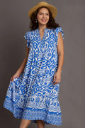 Umgee Full Size Two Tone Border Print Ruffle Cap Sleeve Midi Dress Plus Size - Velora Luxury Fashion