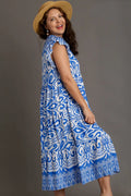 Umgee Full Size Two Tone Border Print Ruffle Cap Sleeve Midi Dress Plus Size - Velora Luxury Fashion