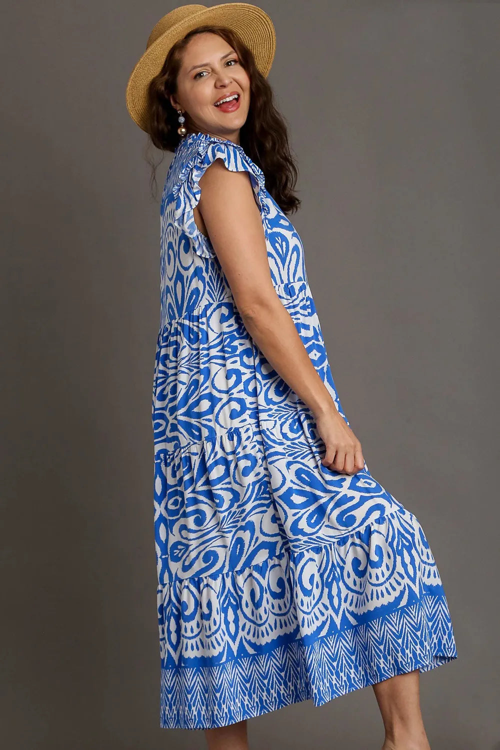 Umgee Full Size Two Tone Border Print Ruffle Cap Sleeve Midi Dress Plus Size - Velora Luxury Fashion