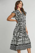 Umgee Full Size Two Tone Border Print Ruffle Cap Sleeve Midi Dress Plus Size - Velora Luxury Fashion