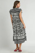 Umgee Full Size Two Tone Border Print Ruffle Cap Sleeve Midi Dress Plus Size - Velora Luxury Fashion